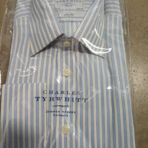 Charles Tyrwhitt Blue Yellow Striped Men's Cufflink Shirt Size 15.5x35